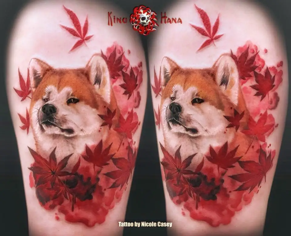 face of Akita Inu with red maple leaves around Tattoo