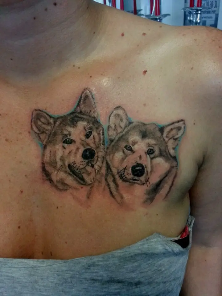 3D faces of two Akita Inus with blue shadow Tattoo on the shoulder