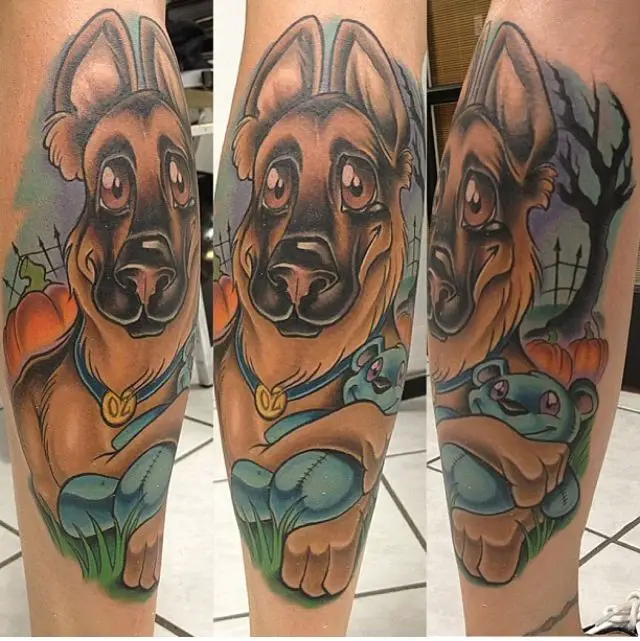 animated smiling German Shepherd Dog Tattoo on the leg
