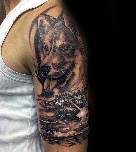 3D face of a German Shepherd Dog Tattoo on the shoulder