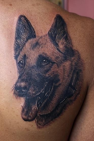 smiling face of a German Shepherd Dog Tattoo tattoo on the back