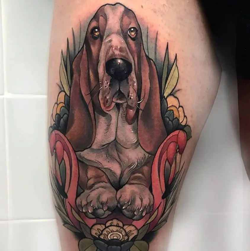 Basset Hound in the forest tattoo on the thigh