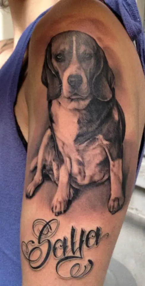 black and white 3D Beagle tattoo on arm