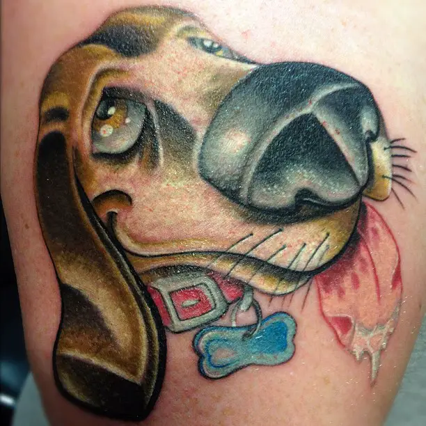 animated face of Beagle with its tongue sticking out tattoo