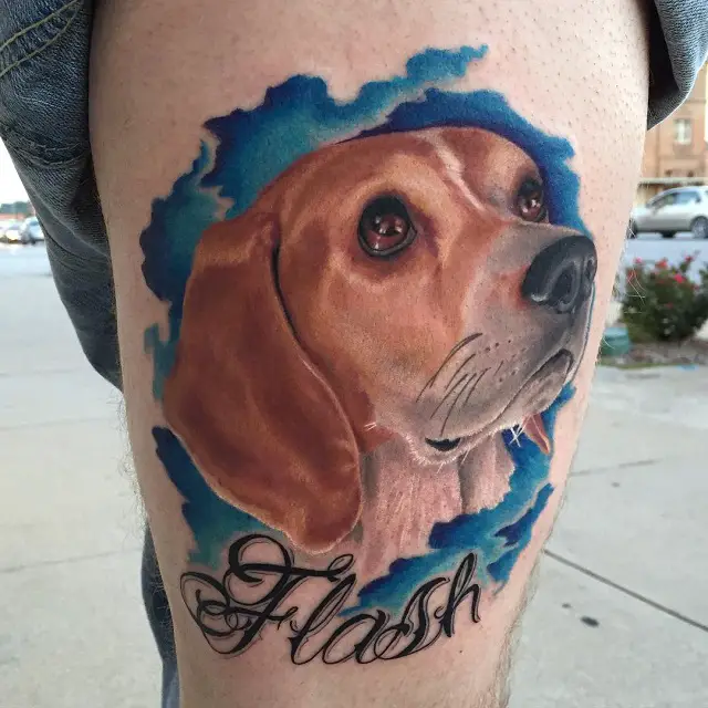 realistic face of Beagle in cloudy blue background tattoo