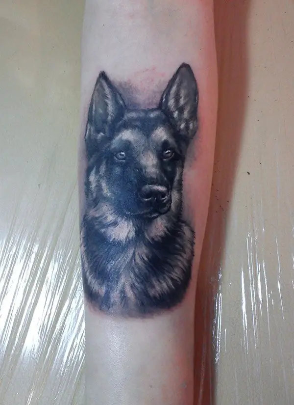 3D black German Shepherd Dog Tattoo on the forearm.