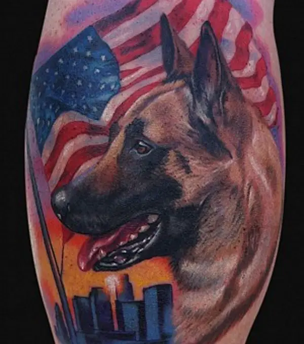 German Shepherd Dog with a USA flag and buildings on a sunset background tattoo