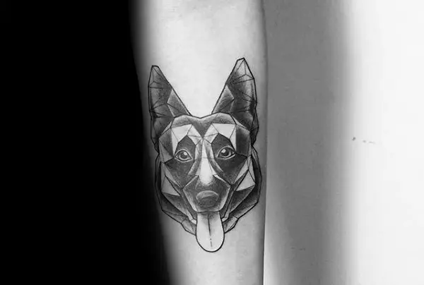 face of a German Shepherd Dog with its tongue sticking out in geometric design Tattoo on the forearm