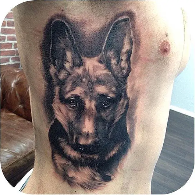 3D black German Shepherd Dog Tattoo on the side of the body