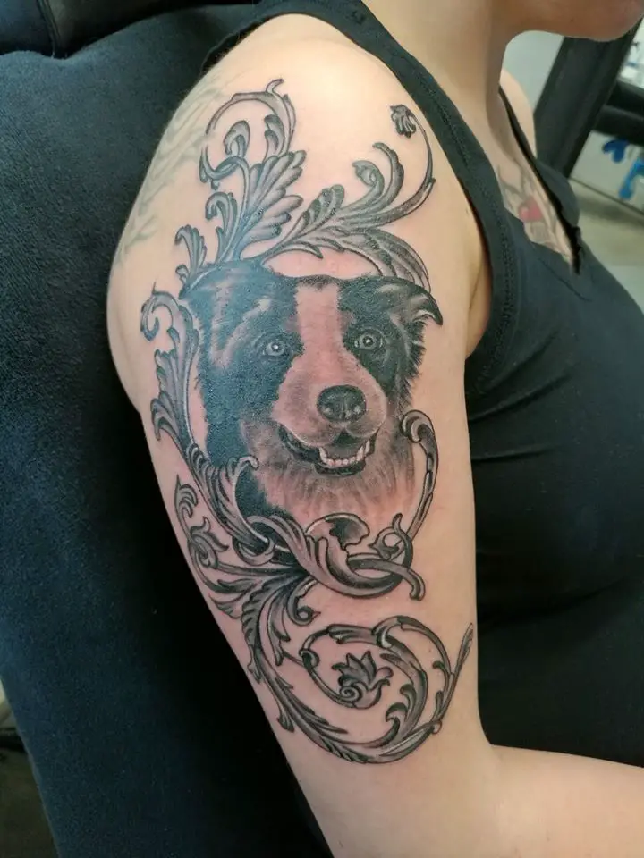 face of a Border Collie tattoo on the woman's shoulder