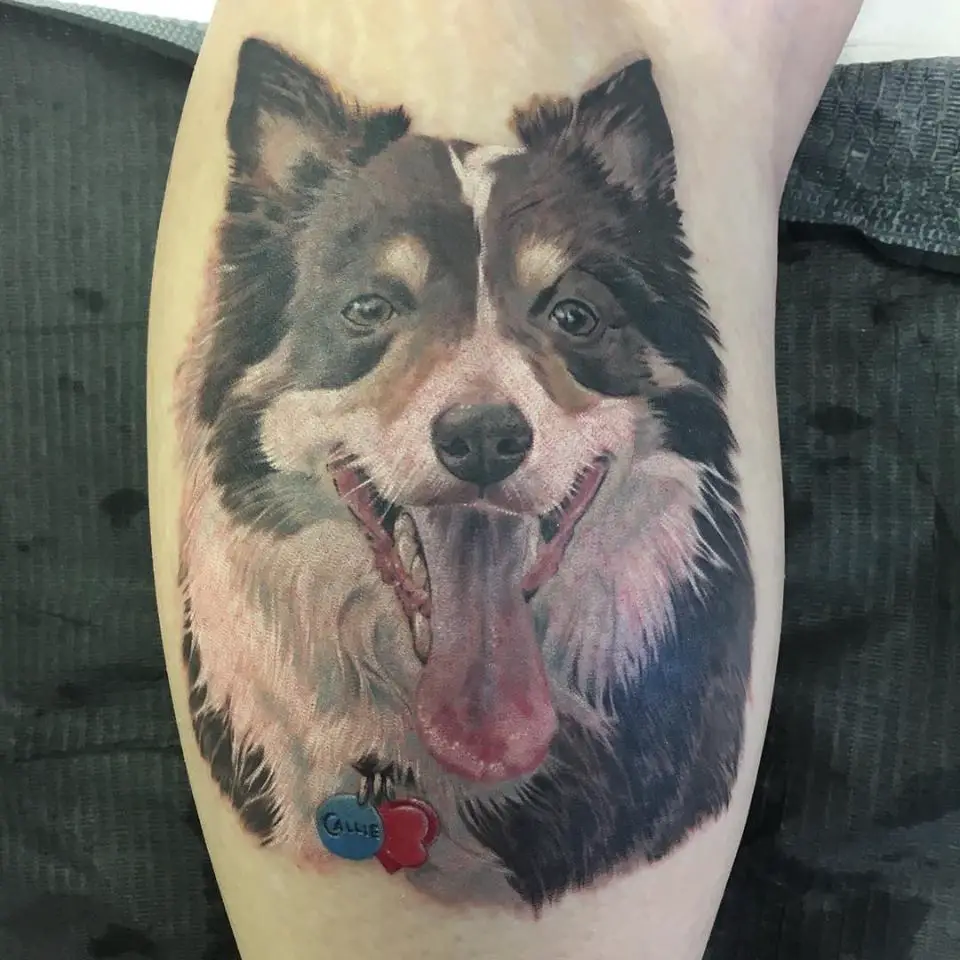realistic face of a Border Collie with its tongue out tattoo on the leg