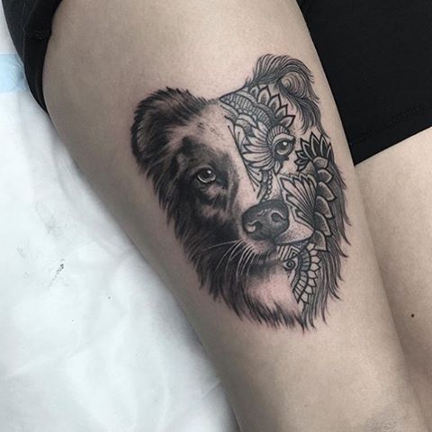 face of a Border Collie with half of its face in mandala design tattoo on the thigh