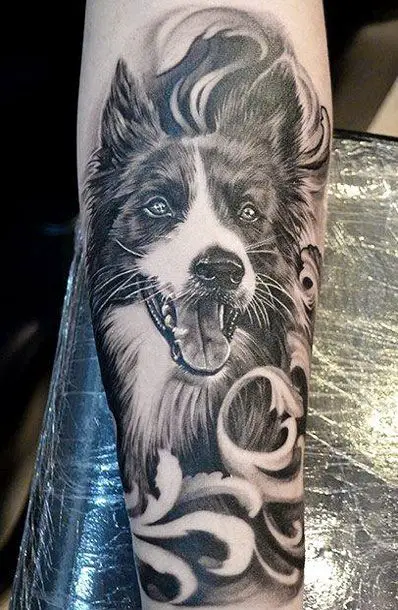 a 3D black and white smiling Border Collie on the forearm