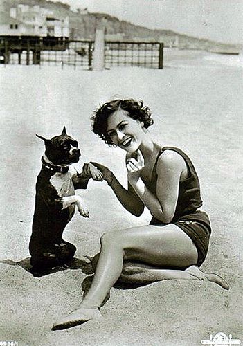 Joan Crawford sitting in the sand by the beach with her Boston Terrier sitting pretty beside her