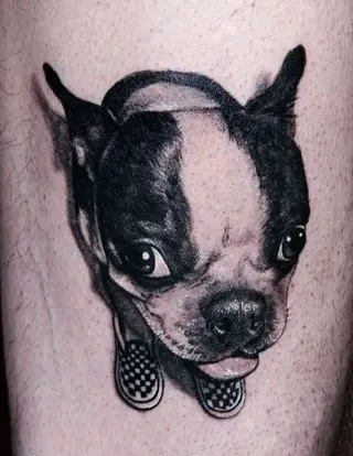 3D sitting Boston Terrier puppy wearing shoes tattoo on the leg
