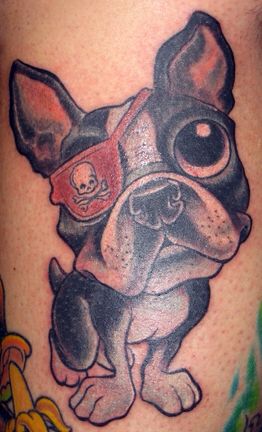 animated Boston Terrier with its one eye covered while sitting tattoo
