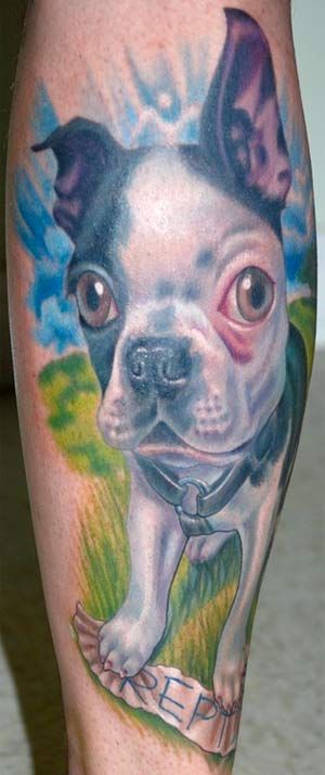 artistic tattoo of a Boston Terrier in the field under the blue sky