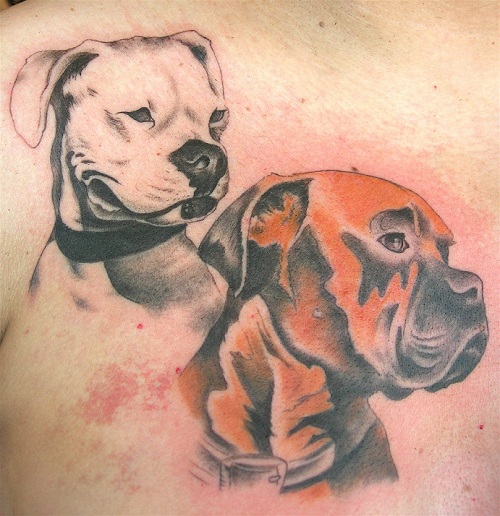 sideview face of a Boxer dog beside another dog tattoo on the chest