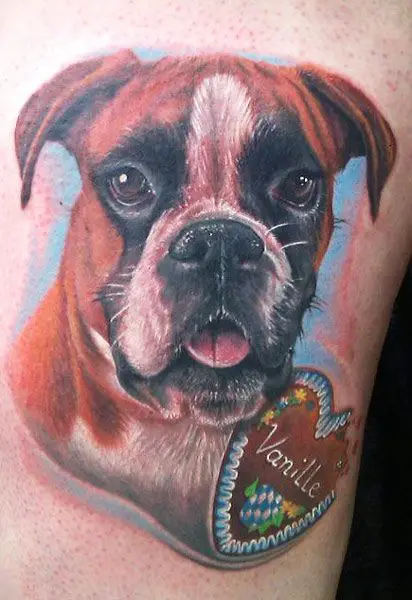 realistic face of Boxer dog with blue shadow Tattoo