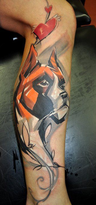 geometric style face of Boxer Tattoo on the leg