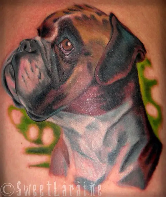 side view looking up face of Boxer dog Tattoo