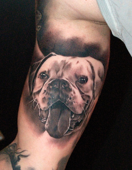 3D face of Boxer dog with its tongue out Tattoo on biceps