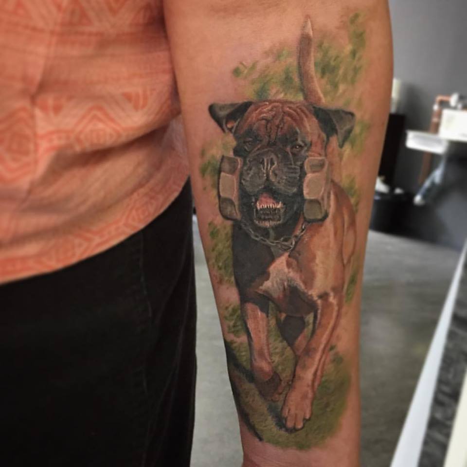 Boxer dog walking with dumbbell in its mouth Tattoo on the forearm