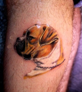 sideview face of Boxer Tattoo on the leg