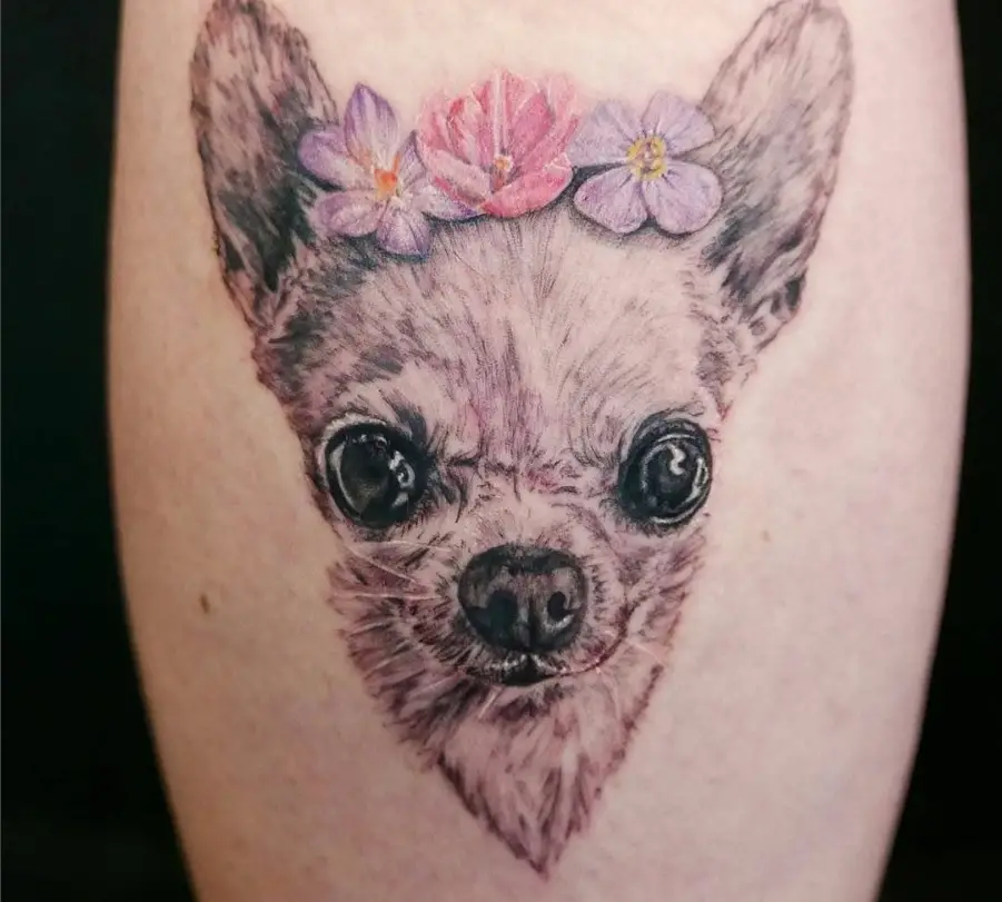 Chihuahua with flowers on top of its head tattoo