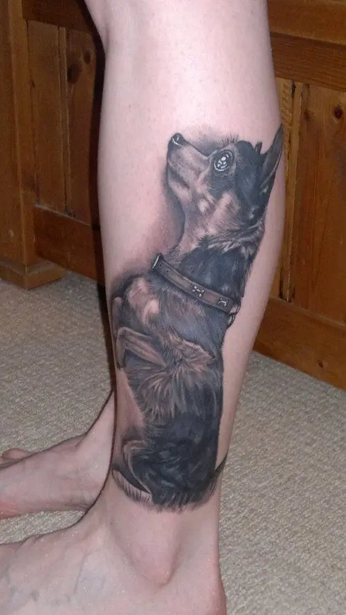 black 3D Chihuahua sitting up tattoo on the leg