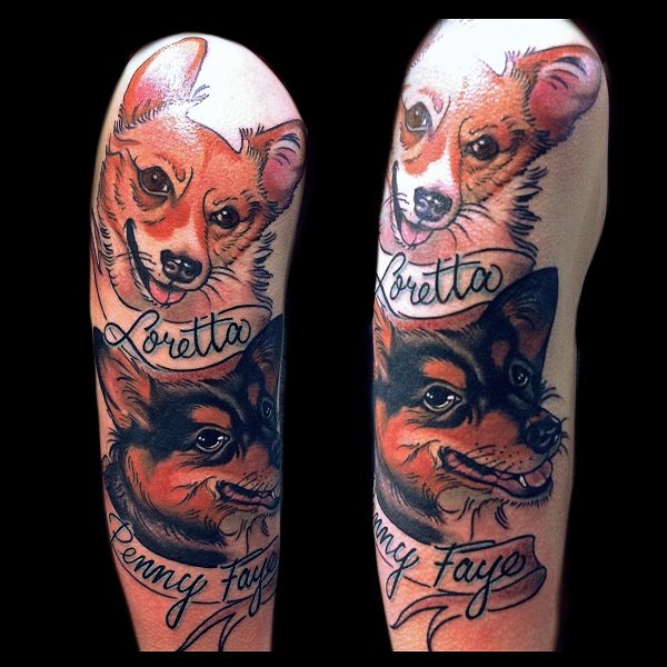 a corgi tattoo on the shoulder