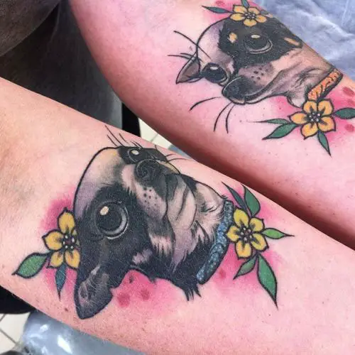 Chihuahua with flowers tattoo on both forearm