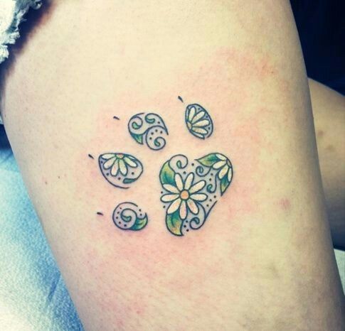 a paw print designed with daisy flowers and leaves tattoo on the thigh of the woman