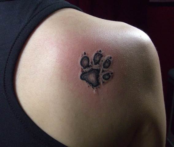 one paw print tattoo on the shoulder of the woman
