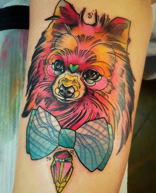 colorful Pomeranian with blue big bow Tattoo
