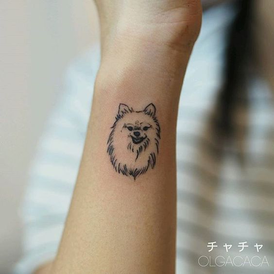 minimalist outline face of a Pomeranian Tattoo on the wrist