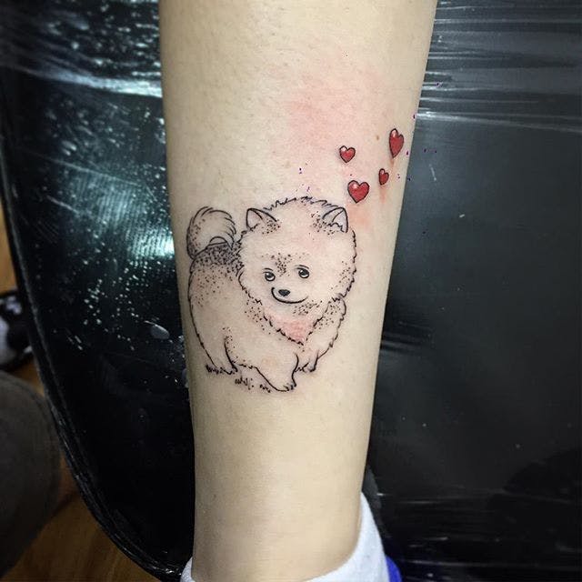 outline of a walking Pomeranian with red hearts above it Tattoo on the leg