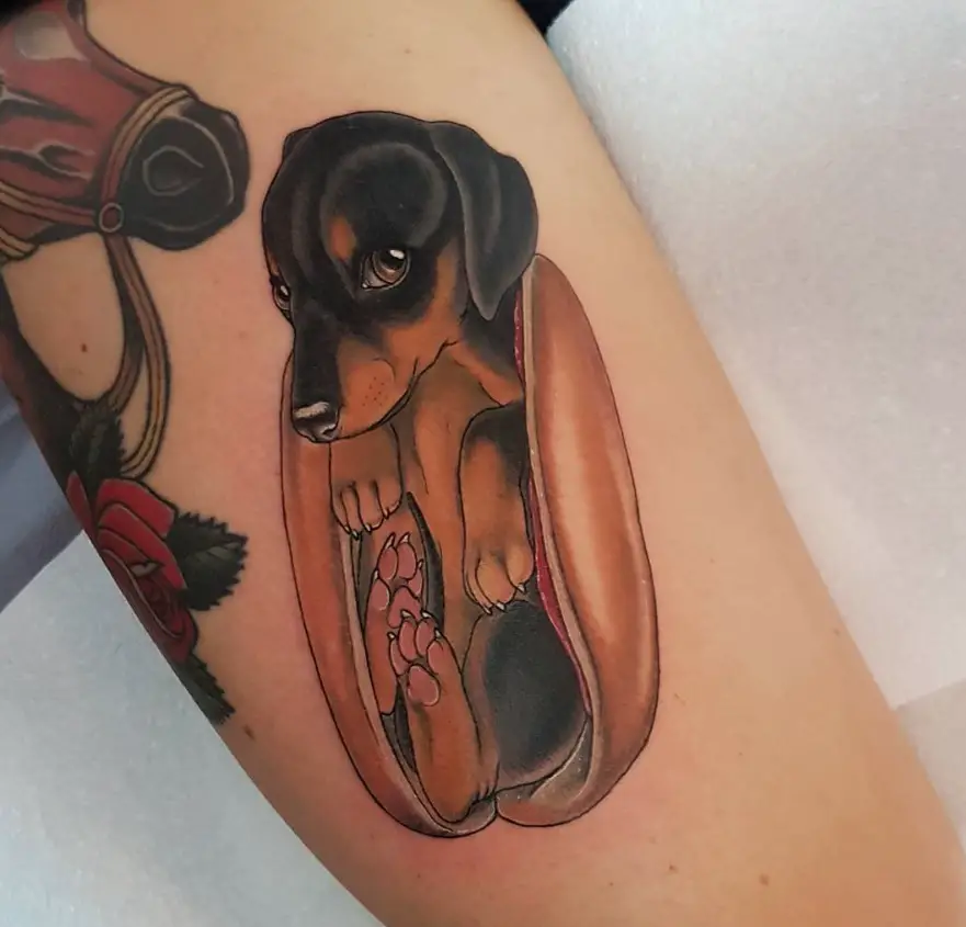 Dachshund dog in sandwich tattoo on the leg