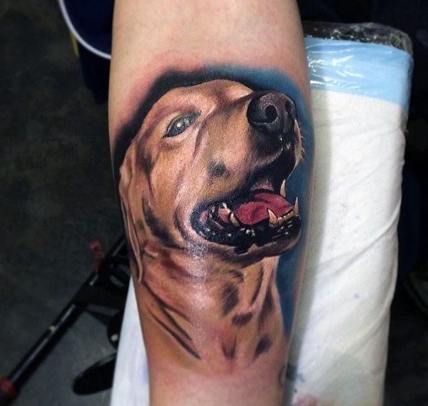 realistic Golden Retriever with black and blue shadow tattoo on the forearm