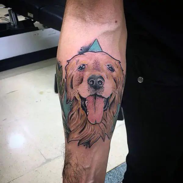 animated face of Golden Retriever with its tongue out tattoo on the forearm