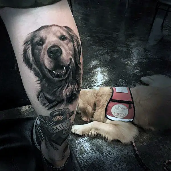 3D smiling face of Golden Retriever Tattoo on the leg