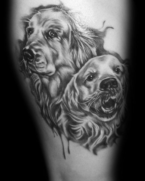 3D two face of Golden Retriever Tattoo on the thigh