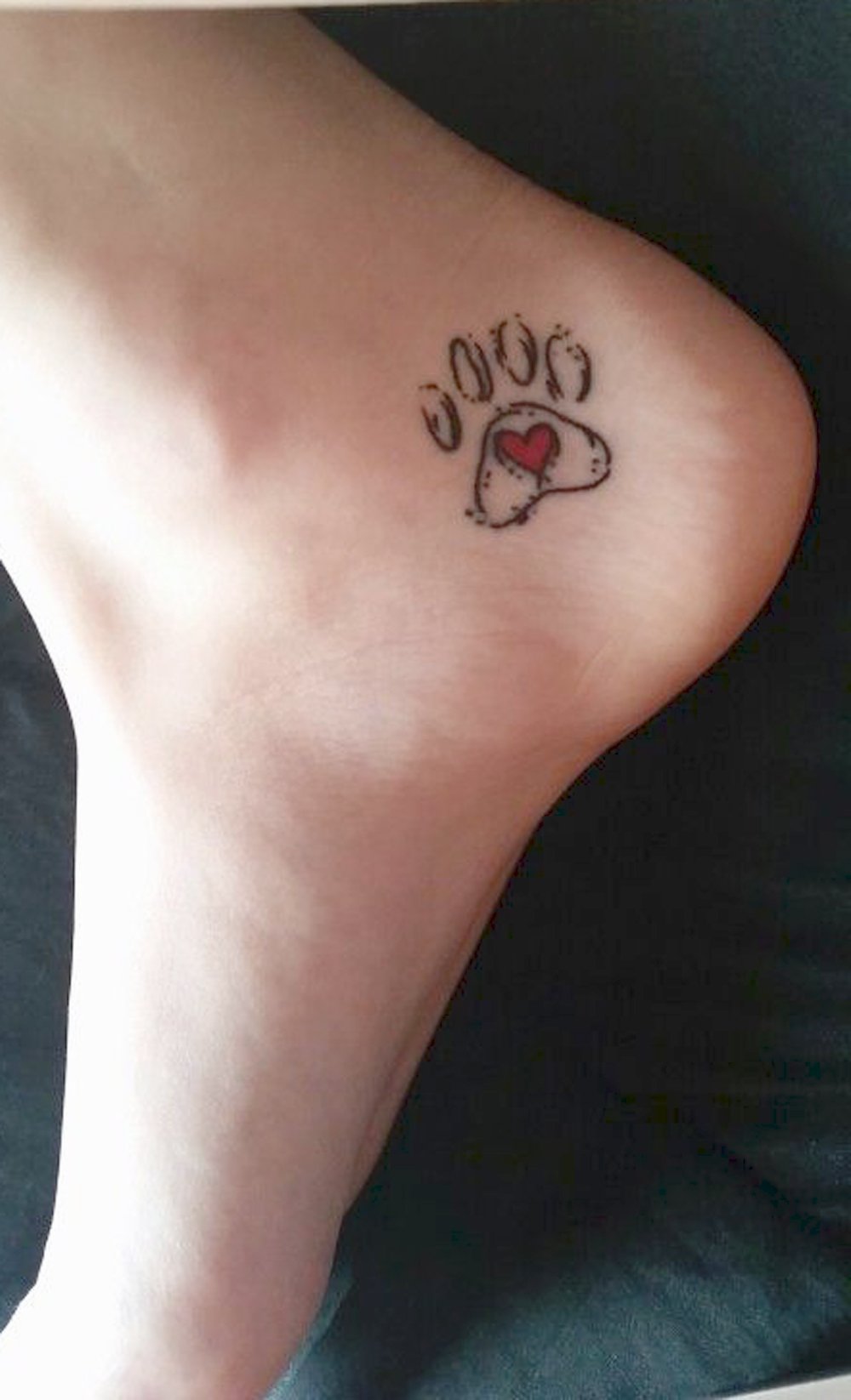 outline of paw print with red heart inside tattoo on ankle