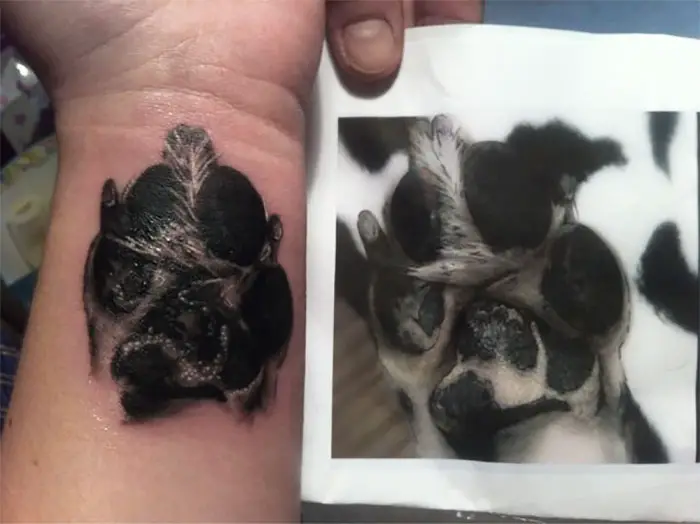 a comparison photo of a paw photo and a paw tattoo on the wrist