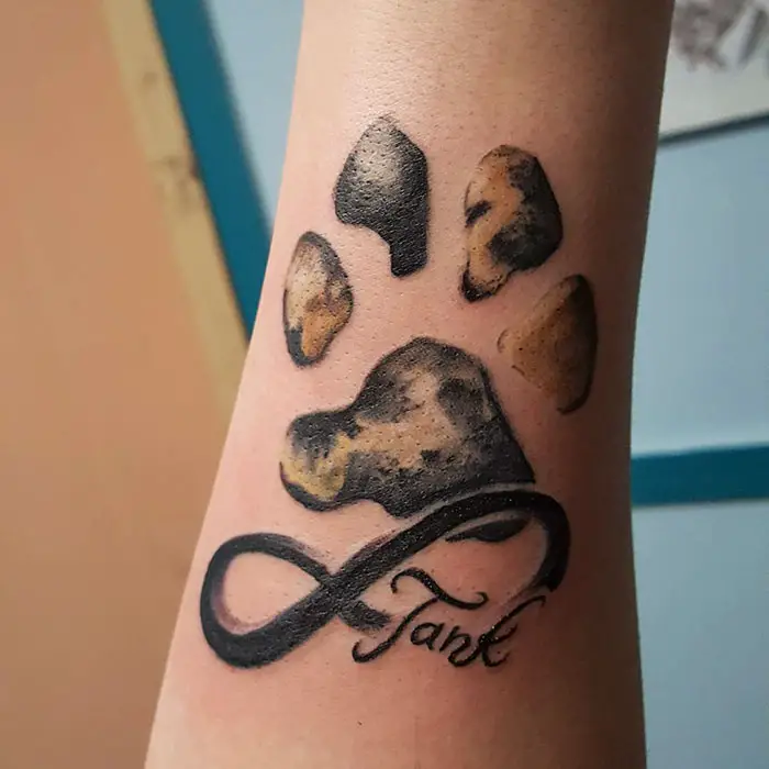 paw print tattoo and infinite sign with its name tattoo on the wrist