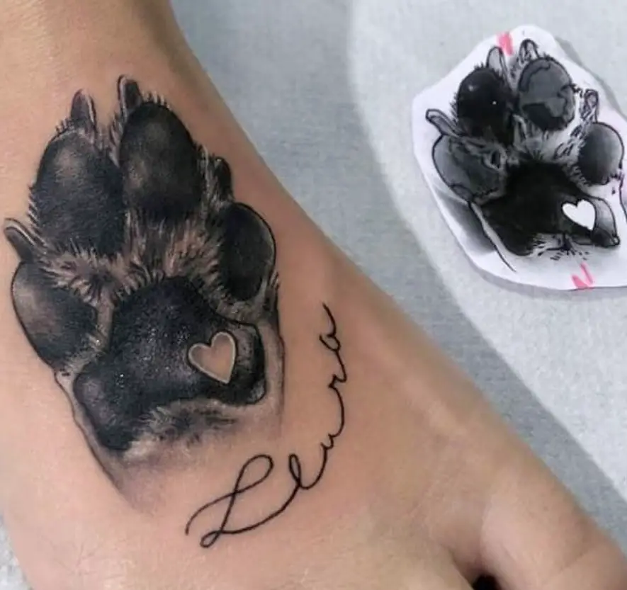 3d paw print tattoo with name on feet