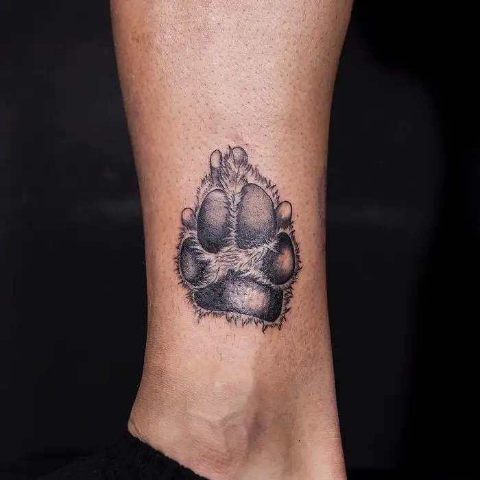 paw print with fur tattoo on the ankle