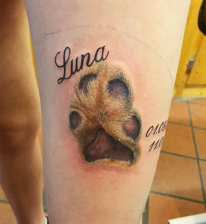 yellow 3D colors of paw print with name and date of life tattoo on wrist