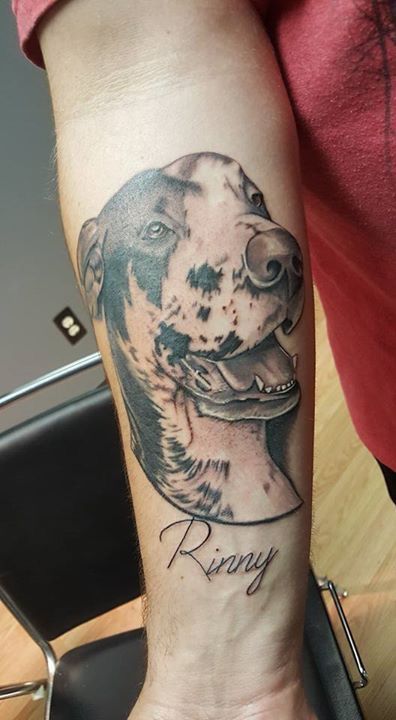 happy face of a Great Dane black and grey tattoo on the forearm