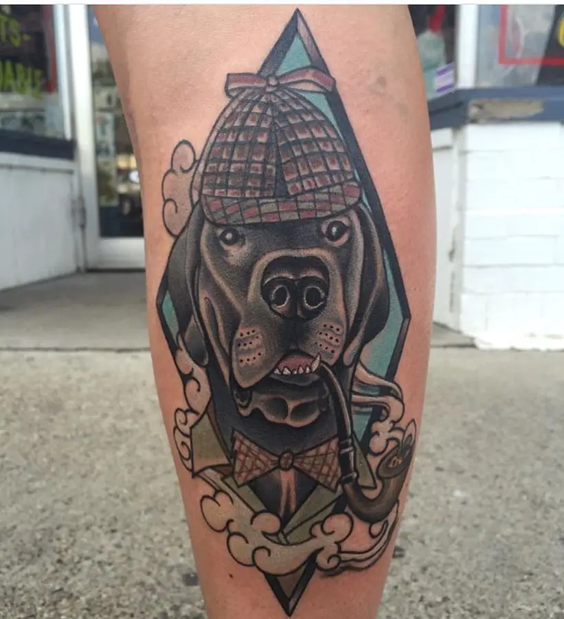 animated Great Dane smoking while wearing a hat and polo with bow tie in a blue diamond tattoo on the leg